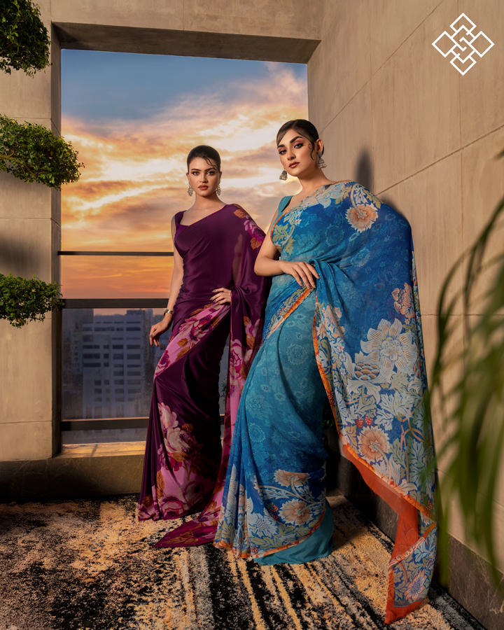 Ocean Bloom Printed Chiffon Saree