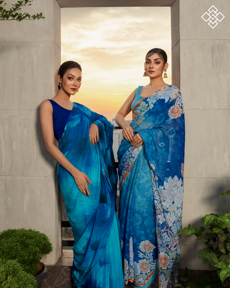 Twilight Depths Abstract Wave Satin Saree
