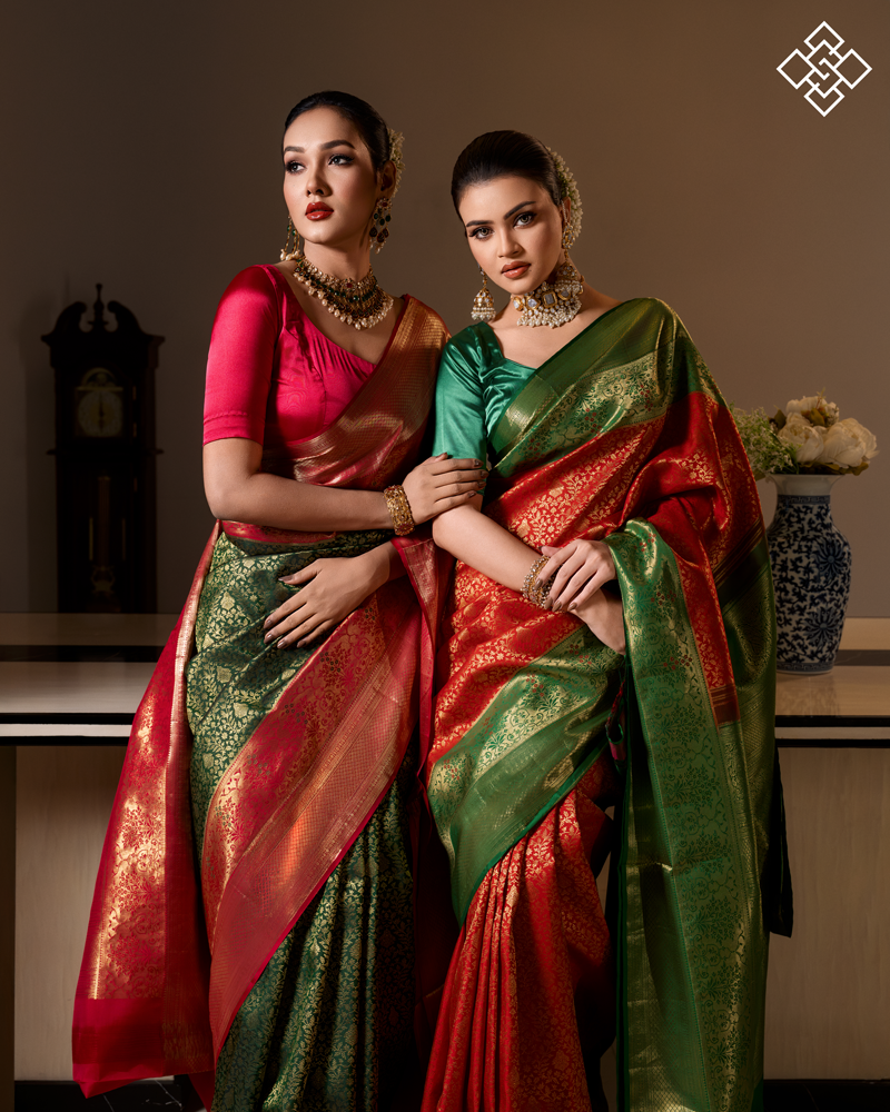 Pure Kanchipuram Silk Saree in Emerald Green & Rani Pink