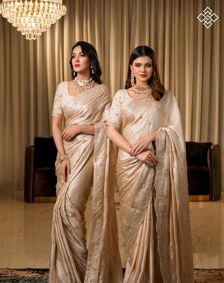 Bridal Ivory Heavy Zari Work Satin Saree