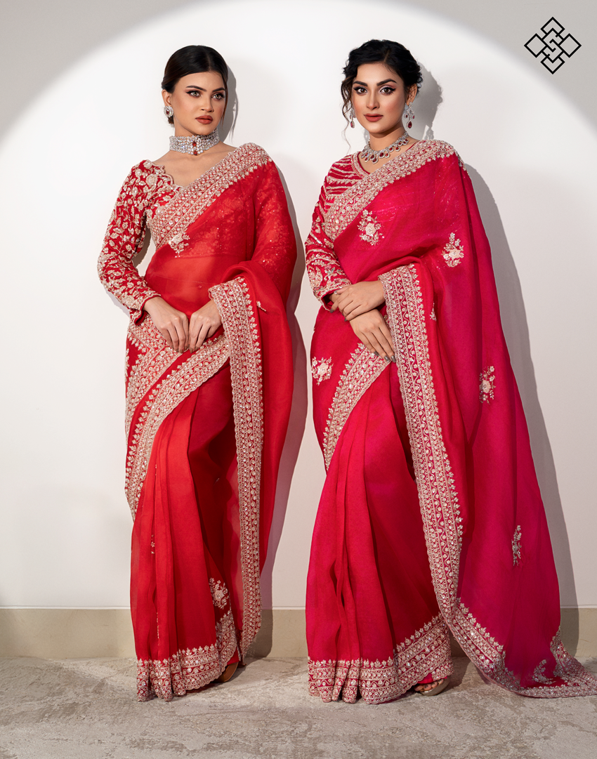 Crimson Silk Blend Saree with Heavy Embellishment